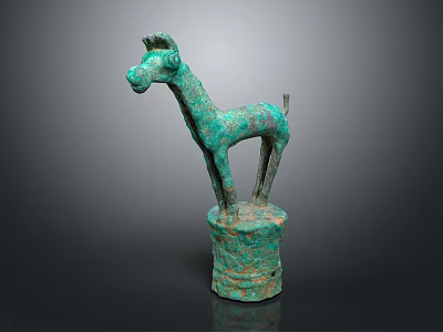 Ancient Bronze Animal Sculpture With Greenish Patina Standing On Cylindrical Pedestal Base 3d model