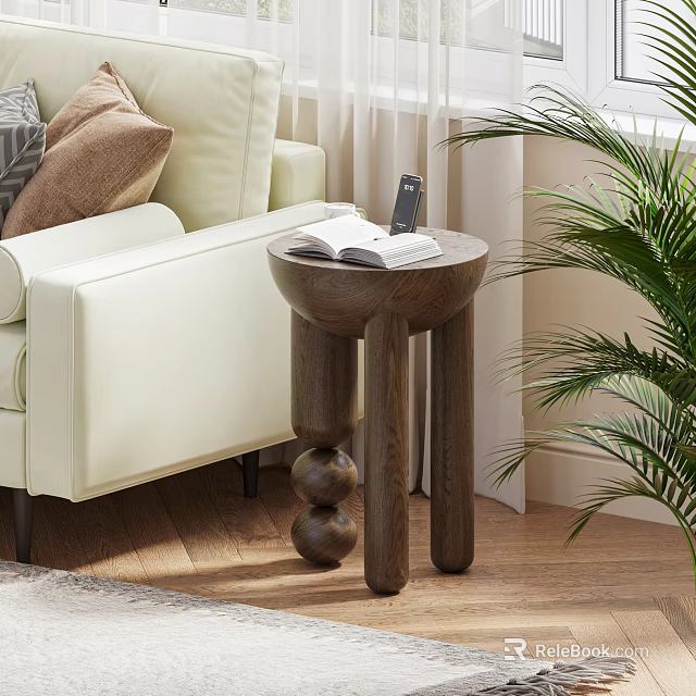 Unique Leg Wooden Bedside Table With Open Book Mobile Phone And Green Plant Near Sofa 3d model 