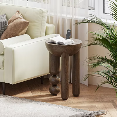 Unique Leg Wooden Bedside Table With Open Book Mobile Phone And Green Plant Near Sofa 3d model