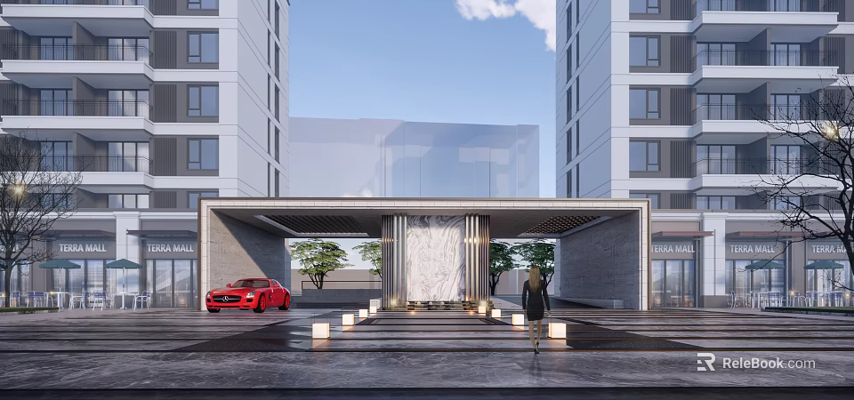 Modern Building Entrance Gate With Canopy Decorative Wall And Ground Lights Near Red Car 3d model 