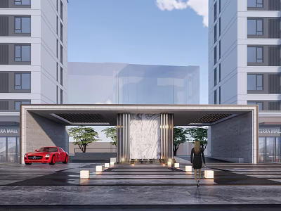 Modern Building Entrance Gate With Canopy Decorative Wall And Ground Lights Near Red Car 3d model