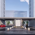 Modern Building Entrance Gate With Canopy Decorative Wall And Ground Lights Near Red Car