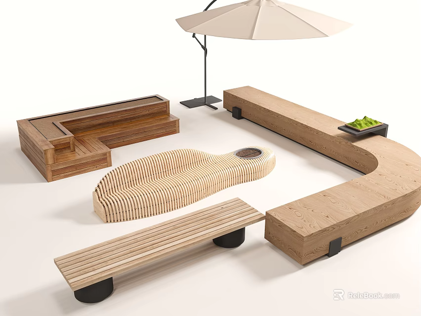 Wooden Outdoor Chairs With Curved Bench Design Umbrella And Green Plant For Patio 3d model 