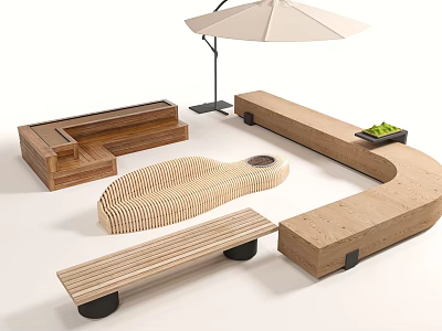 Wooden Outdoor Chairs With Curved Bench Design Umbrella And Green Plant For Patio 3d model