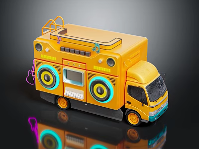 Yellow Mobile Sound Truck With Large Speakers Neon Lights And Control Panel 3d model