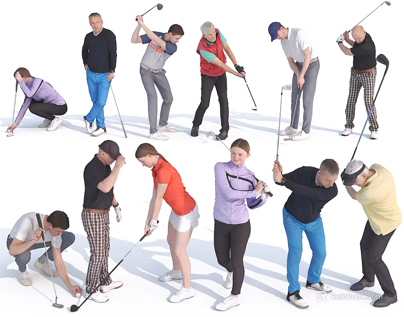 Group of People Playing Golf in Various Swinging and Putting Poses 3d model 