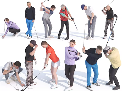 Group of People Playing Golf in Various Swinging and Putting Poses 3d model