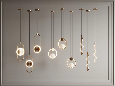 Modern Pendant Lights With Gold Metal Frames Round Spiral Shapes And Grey Interior 3d model