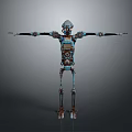 Mechanical Robot Character Standing With Outstretched Arms And Metal Blue Structure