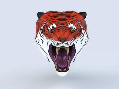 Tiger Head 3D Model With Open Mouth Sharp Teeth And Bold Stripes 3d model