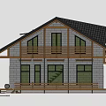 Residential House with Wooden Structure Black Roof Gray Walls Large Windows Deck in Natural Surroundings