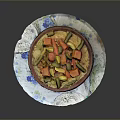 Colorful Mixed Vegetable Dish Served In Clay Bowl On Floral Patterned Plate