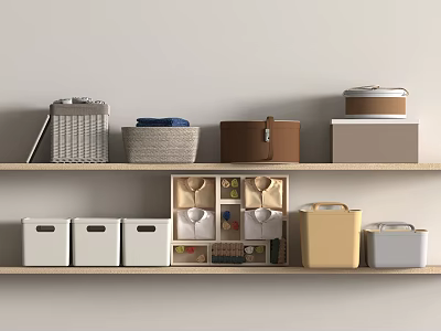 Stylish Storage Baskets in Various Materials and Colors on Wooden Shelves for Home Organization 3d model
