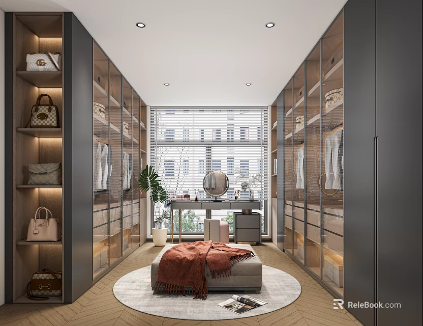 Modern Walk In Closet Interior With Cabinets Shelves Bench Rug And Window Blinds 3d model 