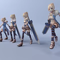 Game Anime Blonde Female Character With Multiple Poses Blue White Outfit And Sword