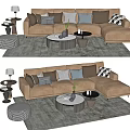 Modern L Shaped Sofa Coffee Table Set With Beige Upholstery Decorative Pillows And Patterned Rug 3d model