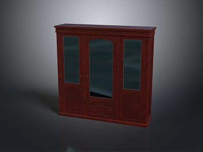 Dark Red Wooden Display Cabinet With Glass Doors And Bottom Storage Drawers 3d model