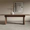 Minimalist Wooden Dining Table With White Vase Dried Branches And Abstract Wall Art