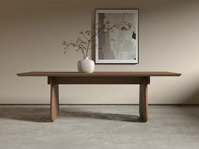 Minimalist Wooden Dining Table With White Vase Dried Branches And Abstract Wall Art 3d model
