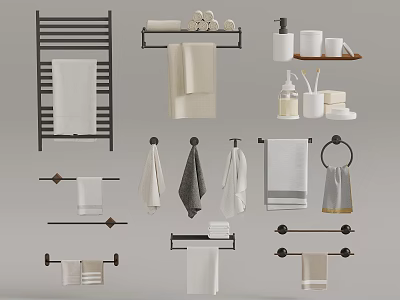 Different Towel Styles With Hanging And Rolled Designs On Bathroom Racks 3d model