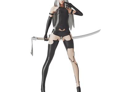 Female Doll With Long Silver Hair Black Tight Outfit Holding Long Sword And High Boots 3d model