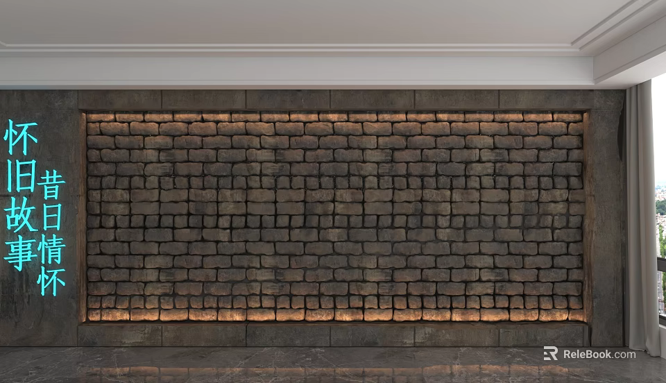 Dark Brick Feature Wall with Bottom LED Lighting and White Decorative Trim in Modern Interior 3d model 