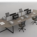 Oval Office Desk With Multiple Workstations Computer Monitors Printers And Office Chairs 3d model