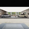 Modern Car Showroom Interior With Two Cars Display Screens And Comfortable Seating
