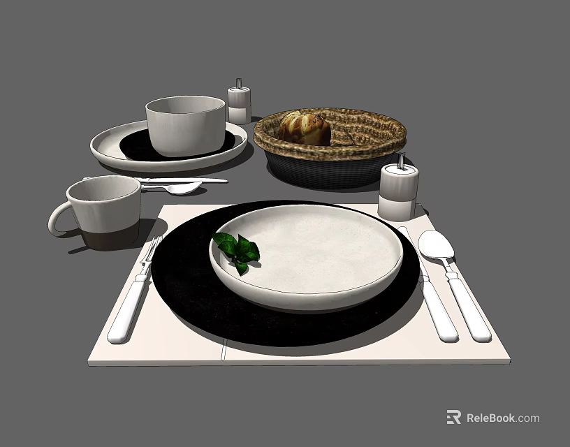 Dinnerware Set Table Setting With White Cups Plates Spoons Forks Breadbasket And Green Leaf Garnish 3d model 