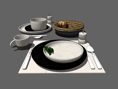 Dinnerware Set Table Setting With White Cups Plates Spoons Forks Breadbasket And Green Leaf Garnish 3d model