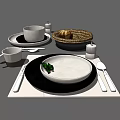 Dinnerware Set Table Setting With White Cups Plates Spoons Forks Breadbasket And Green Leaf Garnish 3d model