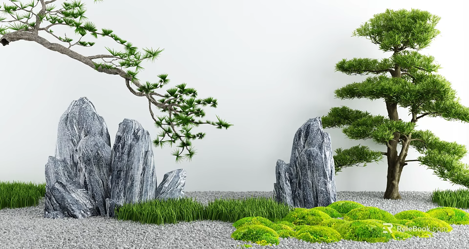 Zen Garden Courtyard Design With Pine Trees Rock Formations Green Grass Gravel And White Wall 3d model 