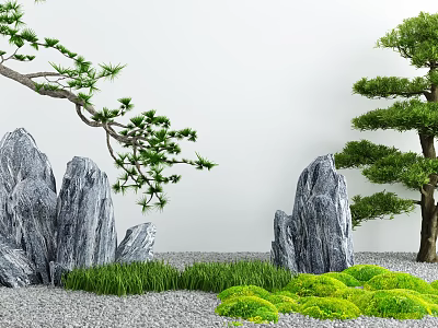 Zen Garden Courtyard Design With Pine Trees Rock Formations Green Grass Gravel And White Wall 3d model