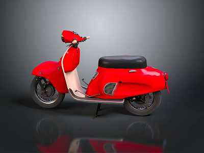 Stylish Red Classic Scooter With Black Seat And Reflection On Gray Background 3d model