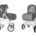 Two Modern Gray Silver Baby Strollers With Canopy And Wheels 3d model