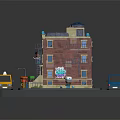 Green And Red Multi Story Apartment Buildings With Balconies Yellow Taxi And Blue Truck