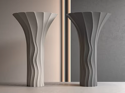 Two Unique Columns with Light Dark Gray Wavy Texture Against Gray Wall Vertical Light Strip 3d model