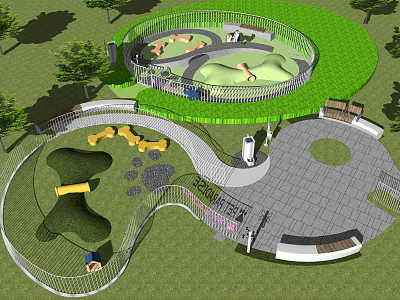 Fun Children's Playground Featuring Circular Green Turf Slides Climbing Structures And Benches 3d model