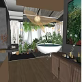 Elegant Hotel Bathroom With Bamboo Roof Glass Walls Natural Light And White Bathtub