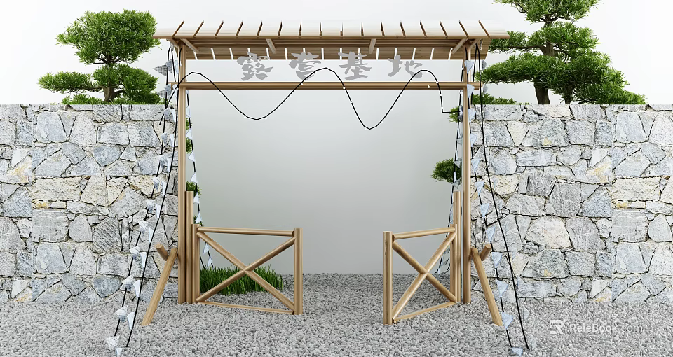 Garden Feature With Wooden Pergola Stone Walls And Climbing Plants On Gravel Path 3d model 
