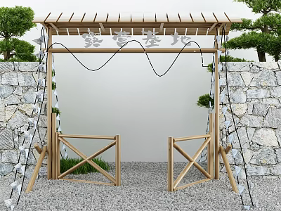 Garden Feature With Wooden Pergola Stone Walls And Climbing Plants On Gravel Path 3d model
