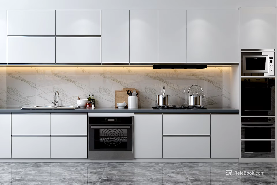 Modern Kitchen Interior With White Cabinets Marble Countertop Stove Sink And Appliances 3d model 