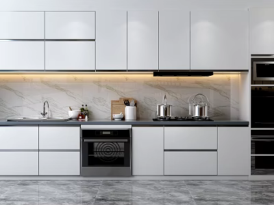 Modern Kitchen Interior With White Cabinets Marble Countertop Stove Sink And Appliances 3d model