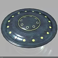 Blue Circular Spacecraft with Yellow Lights and Green Halo in Space