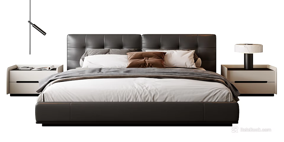 Modern Bedroom Interior With Double Bed Dark Leather Headboard White Bedding Checkered Blanket And Pillows 3d model 