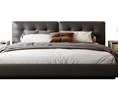 Modern Bedroom Interior With Double Bed Dark Leather Headboard White Bedding Checkered Blanket And Pillows 3d model