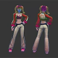 Female Character With Twin Ponytails Red Jacket Number 6 Logo Black Crop Top Beige Pants