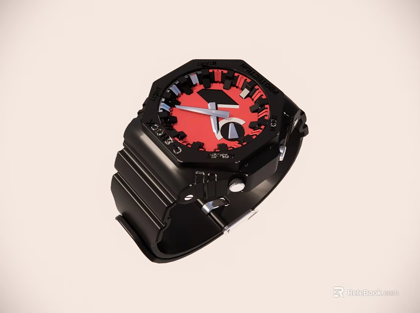 Modern Black Strap Watch With Red Dial Octagonal Case Black Hands And Roman Numerals 3d model 