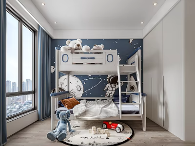 Kids Room Interior With Starry Wall Mural Bunk Bed Astronaut Toys And City View Window 3d model