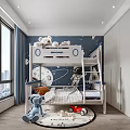 Kids Room Interior With Starry Wall Mural Bunk Bed Astronaut Toys And City View Window
